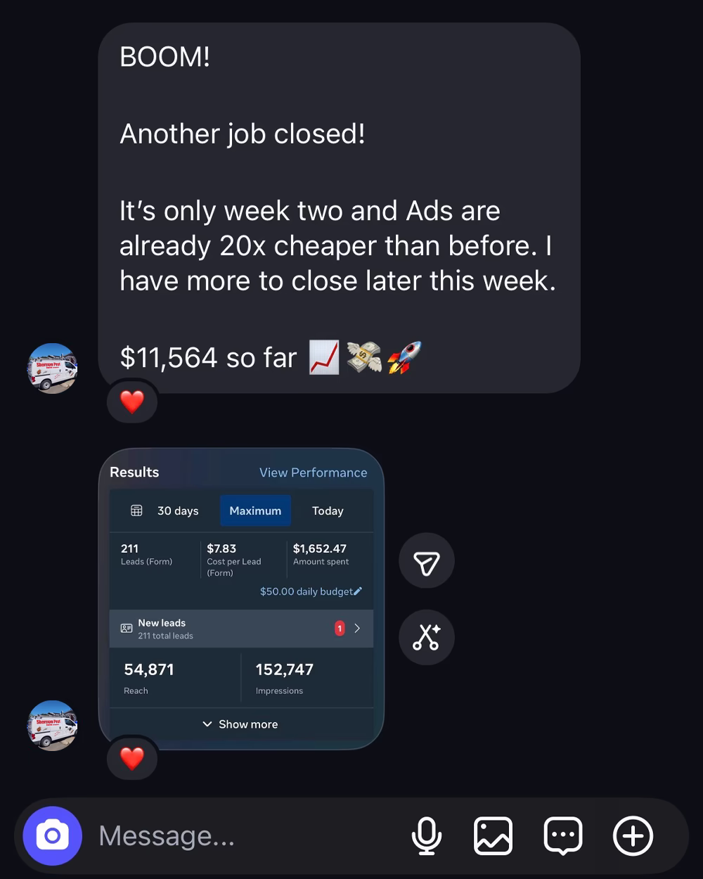 Neirbi client results showing $11,564 revenue in two weeks with 211 leads generated from Meta ads for home service contractor in California using Neirbi homeowner contacts and website