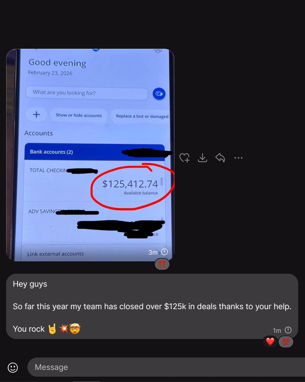 Neirbi client results showing $125,412 year to date revenue in checking account for home service contractor in California generated through Neirbi homeowner contacts and Meta ads lead generation system