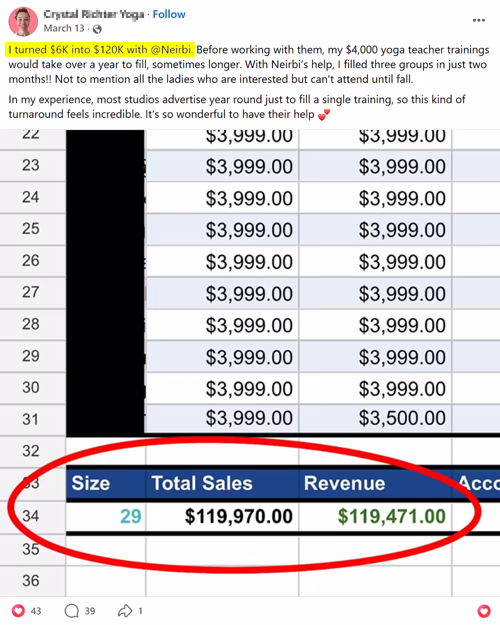 Facebook post from a Neirbi client sharing their Google Sheet showing $120,000 in revenue generated from $6,000 in ad spend